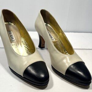 ESCADA Classic Mid-Heel Cap Toe Pump in Cream and Black Leather Women's Size 7.5
